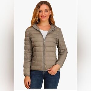 Allegra K Women's Puffer Coat Winter Long Sleeve Zip Up Hooded Lightweight Packa